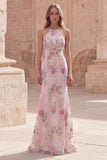 Floral Pink Halter Sequin Mermaid Prom Dress with Lace-Up Back