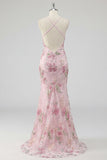 Floral Pink Halter Sequin Mermaid Prom Dress with Lace-Up Back