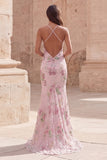 Floral Pink Halter Sequin Mermaid Prom Dress with Lace-Up Back