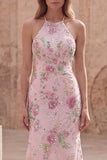 Floral Pink Halter Sequin Mermaid Prom Dress with Lace-Up Back