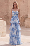White Blue A Line Tiered Spaghetti Straps Ruched Floral Prom Dress