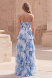 White Blue A Line Tiered Spaghetti Straps Ruched Floral Prom Dress