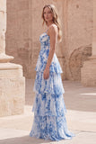 White Blue A Line Tiered Spaghetti Straps Ruched Floral Prom Dress