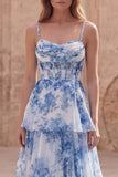 White Blue A Line Tiered Spaghetti Straps Ruched Floral Prom Dress