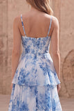 White Blue A Line Tiered Spaghetti Straps Ruched Floral Prom Dress