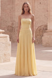 Yellow Strapless A Line Pleated Prom Dress with Appliques