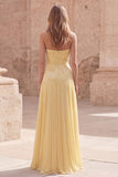 Yellow Strapless A Line Pleated Prom Dress with Appliques