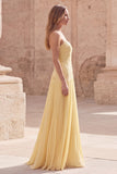 Yellow Strapless A Line Pleated Prom Dress with Appliques
