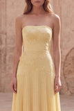 Yellow Strapless A Line Pleated Prom Dress with Appliques