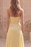 Yellow Strapless A Line Pleated Prom Dress with Appliques