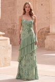 Green Ruffle Spaghetti Straps Sequin Applique Prom Dress
