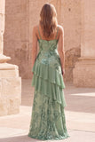 Green Ruffle Spaghetti Straps Sequin Applique Prom Dress