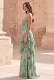 Green Ruffle Spaghetti Straps Sequin Applique Prom Dress