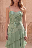 Green Ruffle Spaghetti Straps Sequin Applique Prom Dress