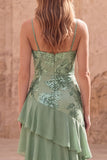 Green Ruffle Spaghetti Straps Sequin Applique Prom Dress