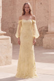 Off The Shoulder Yellow Floral Mermaid Long Prom Dress with Long Sleeves