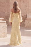Off The Shoulder Yellow Floral Mermaid Long Prom Dress with Long Sleeves