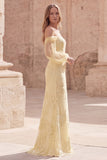 Off The Shoulder Yellow Floral Mermaid Long Prom Dress with Long Sleeves