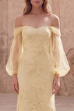 Off The Shoulder Yellow Floral Mermaid Long Prom Dress with Long Sleeves