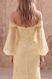 Off The Shoulder Yellow Floral Mermaid Long Prom Dress with Long Sleeves