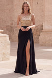 Gold and Black Sequin One Shoulder Mermaid Prom Dress with Slit