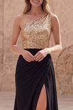Gold and Black Sequin One Shoulder Mermaid Prom Dress with Slit