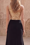 Gold and Black Sequin One Shoulder Mermaid Prom Dress with Slit
