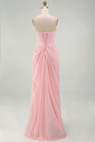 Light Pink Strapless Ruched Sheath Prom Dress with Slit