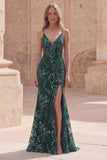 Dark Green Mermaid Spaghetti Straps Appliqued Beaded Long Prom Dress with Slit