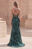 Dark Green Mermaid Spaghetti Straps Appliqued Beaded Long Prom Dress with Slit