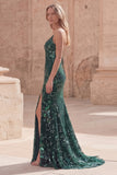 Dark Green Mermaid Spaghetti Straps Appliqued Beaded Long Prom Dress with Slit