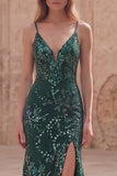 Dark Green Mermaid Spaghetti Straps Appliqued Beaded Long Prom Dress with Slit