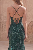 Dark Green Mermaid Spaghetti Straps Appliqued Beaded Long Prom Dress with Slit