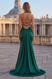 Halter Dark Green Mermaid Satin Long Prom Dress with Slit