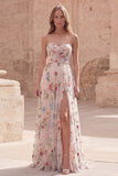 Strapless Ivory Flower A Line Ruched Prom Dress with Slit