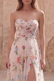 Strapless Ivory Flower A Line Ruched Prom Dress with Slit