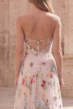 Strapless Ivory Flower A Line Ruched Prom Dress with Slit