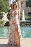 Ivory Flower A Line Ruched Spaghetti Straps Prom Dress with Slit