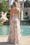 Ivory Flower A Line Ruched Spaghetti Straps Prom Dress with Slit