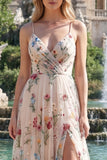 Ivory Flower A Line Ruched Spaghetti Straps Prom Dress with Slit