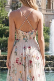 Ivory Flower A Line Ruched Spaghetti Straps Prom Dress with Slit
