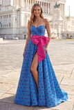 Blue A Line Sweetheart Long Polka Dot Prom Dress with Fuchsia Bow