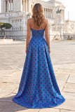 Blue A Line Sweetheart Long Polka Dot Prom Dress with Fuchsia Bow