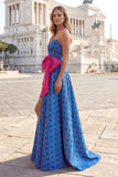 Blue A Line Sweetheart Long Polka Dot Prom Dress with Fuchsia Bow