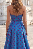 Blue A Line Sweetheart Long Polka Dot Prom Dress with Fuchsia Bow