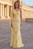 One Shoulder Mermaid Yellow Floral Long Prom Dress with Sash