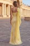 One Shoulder Mermaid Yellow Floral Long Prom Dress with Sash