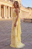 One Shoulder Mermaid Yellow Floral Long Prom Dress with Sash