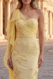 One Shoulder Mermaid Yellow Floral Long Prom Dress with Sash