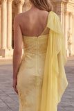 One Shoulder Mermaid Yellow Floral Long Prom Dress with Sash